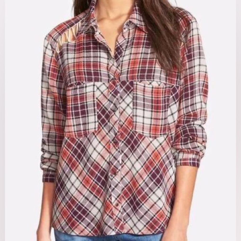 Free people stitch detail Red and white plaid long sleeve button down top size L